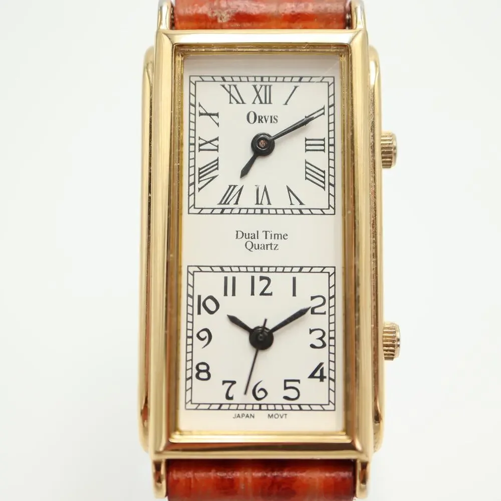 Vintage Orvis Dual Time Gold Tone 22mm Watch Brown Braid Leather w New Battery